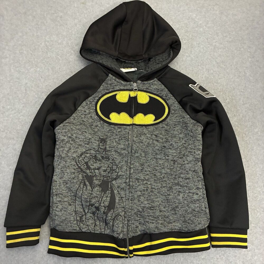 Batman Hoodie Boys Gray Black Full Zip Sherpa Lined Jacket Youth Medium